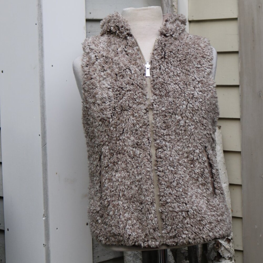 Coffee Shop Beige Reversible Teddy Fleece & Quilted Hooded Full Zip Vest SMALL
